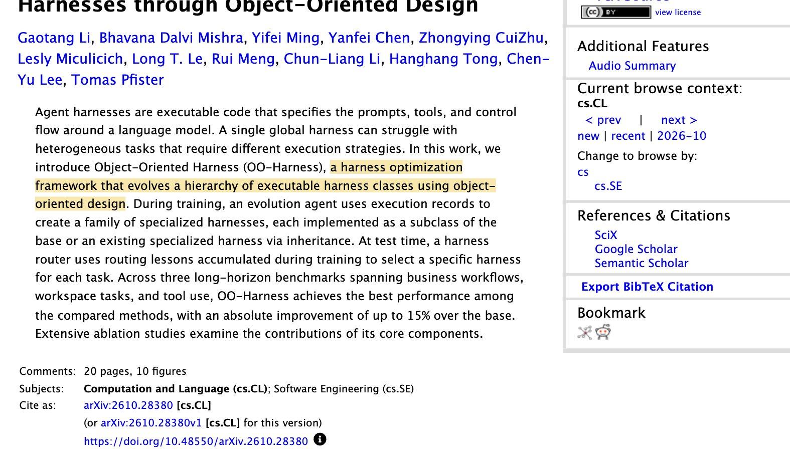 The OO-Harness abstract with the sentence describing it as a harness optimization framework that evolves a hierarchy of executable harness classes highlighted