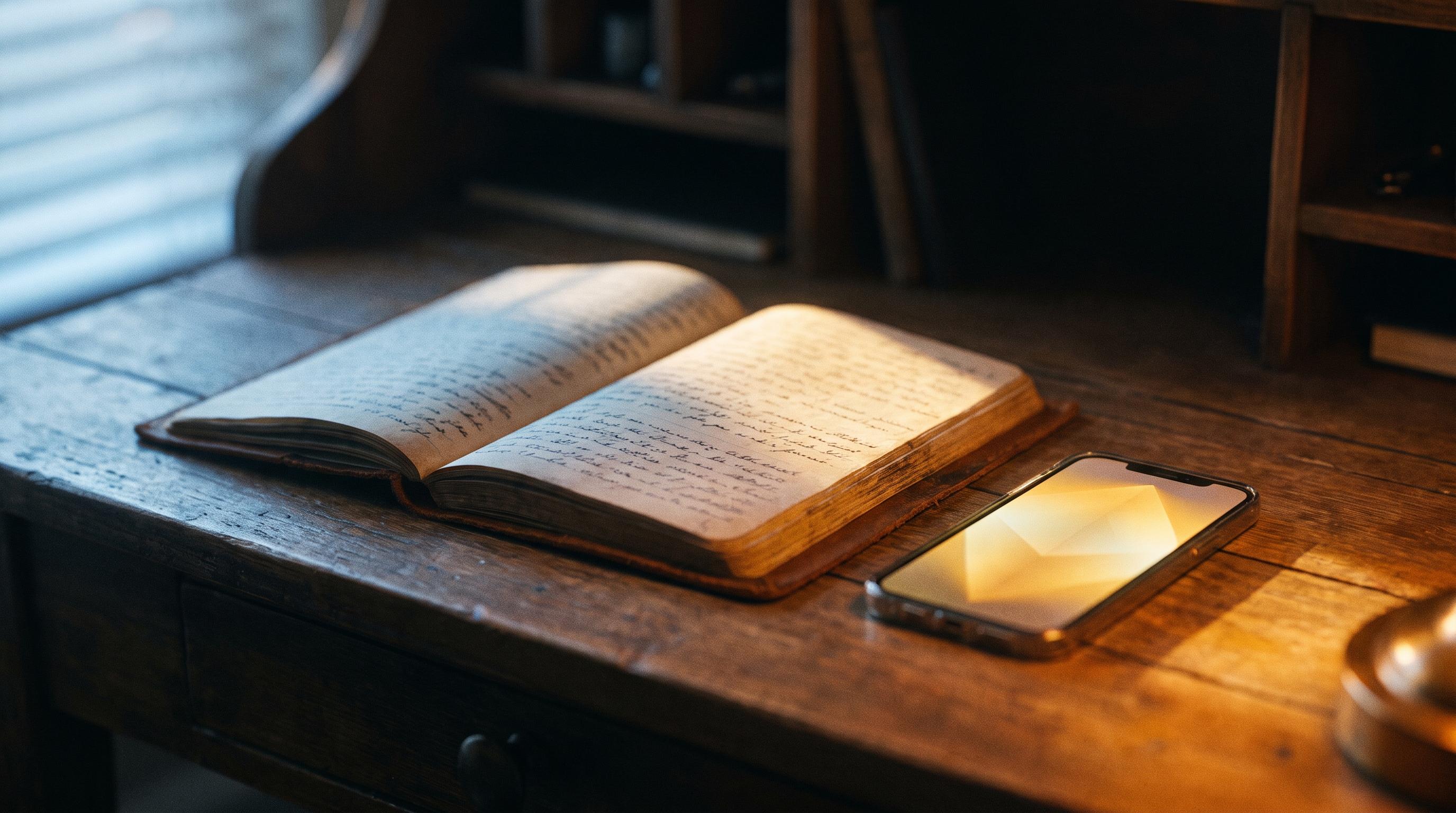An open leather journal and a phone glowing with warm light, side by side on a wooden desk