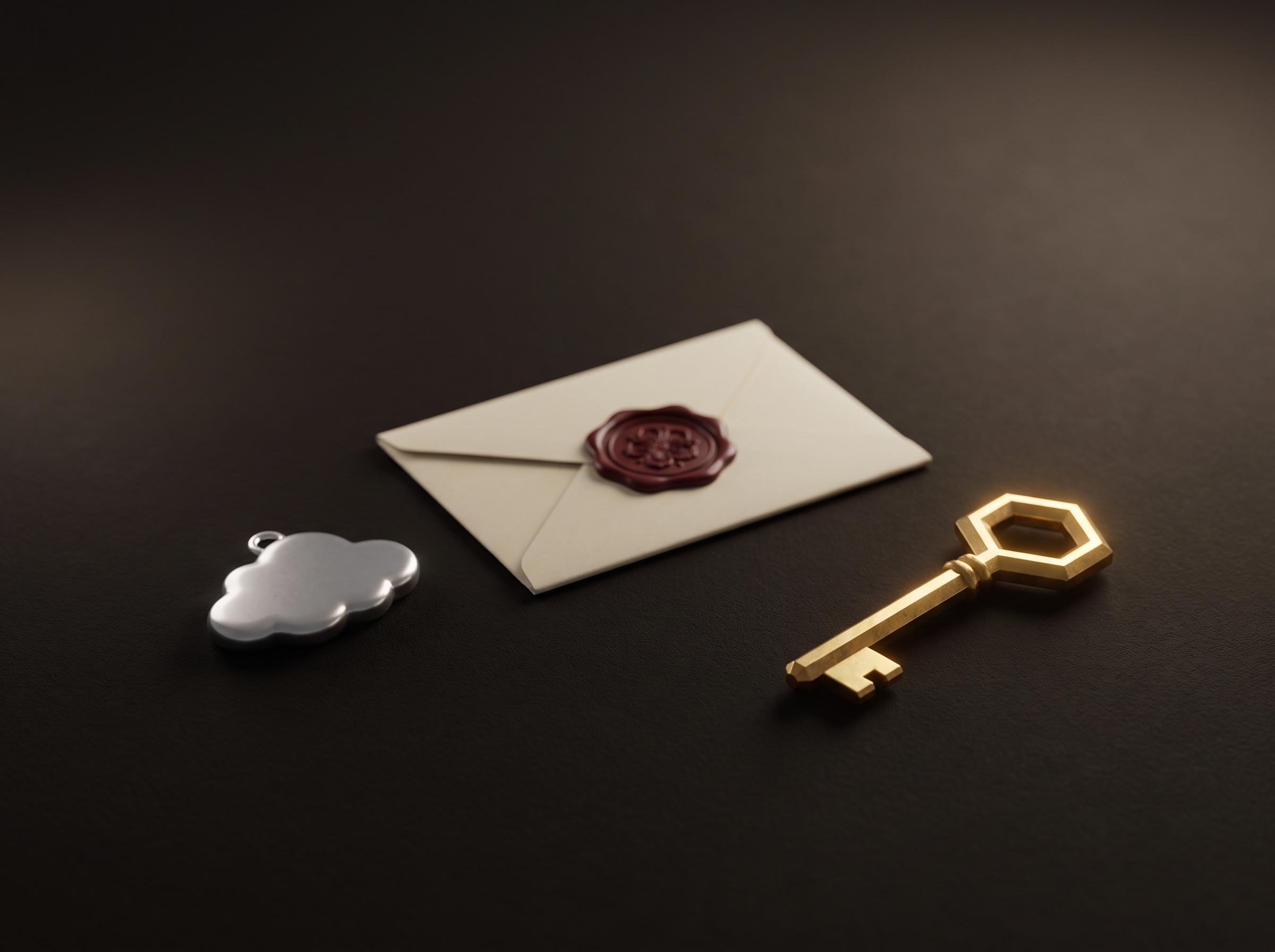 A silver cloud charm, a wax-sealed envelope, and a gold key resting together on a dark surface