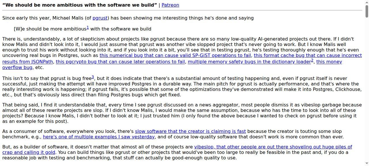The opening of Dan Luu's essay on danluu.com, with the line about pgrust's testing uncovering real bugs in Postgres highlighted