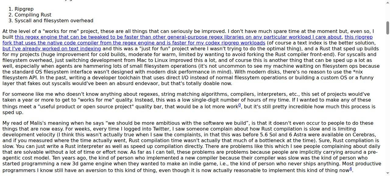 Dan Luu's essay with the sentence about a low single-digit number of hours highlighted, after the paragraph listing his regex engine, ripgrep fork and Rust interpreter