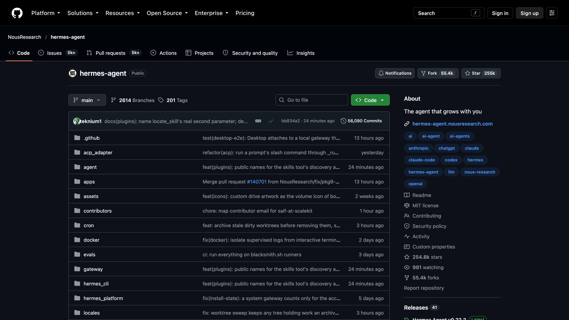 Screenshot of the NousResearch/hermes-agent GitHub repository page