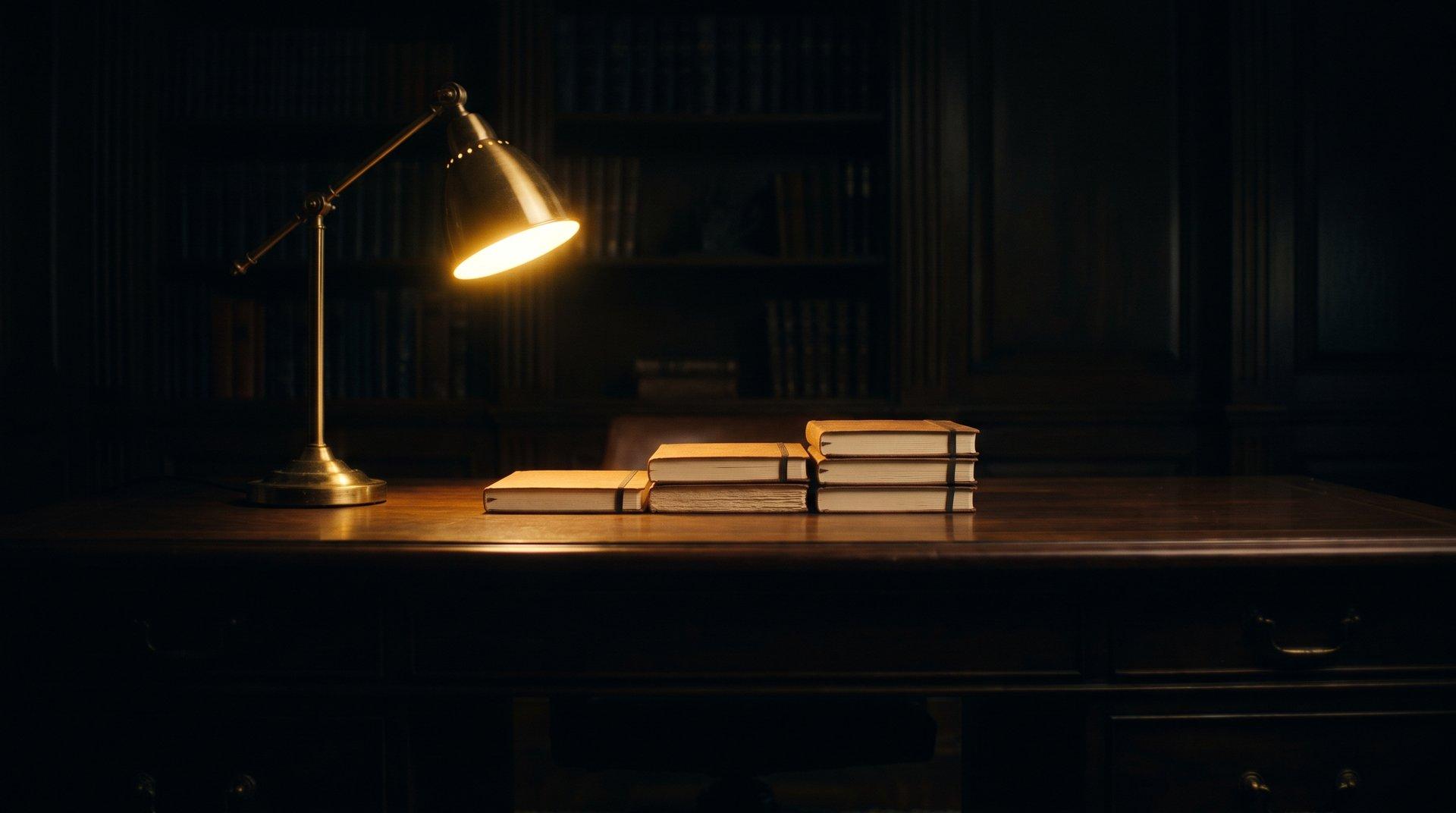A long writing desk at dusk with three stacked notebooks and a single brass lamp