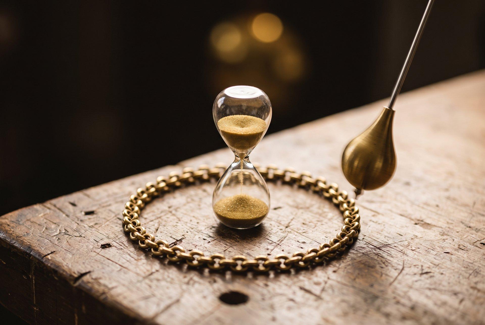 An hourglass inside a closed loop of brass chain on a workbench, a pendulum swinging past
