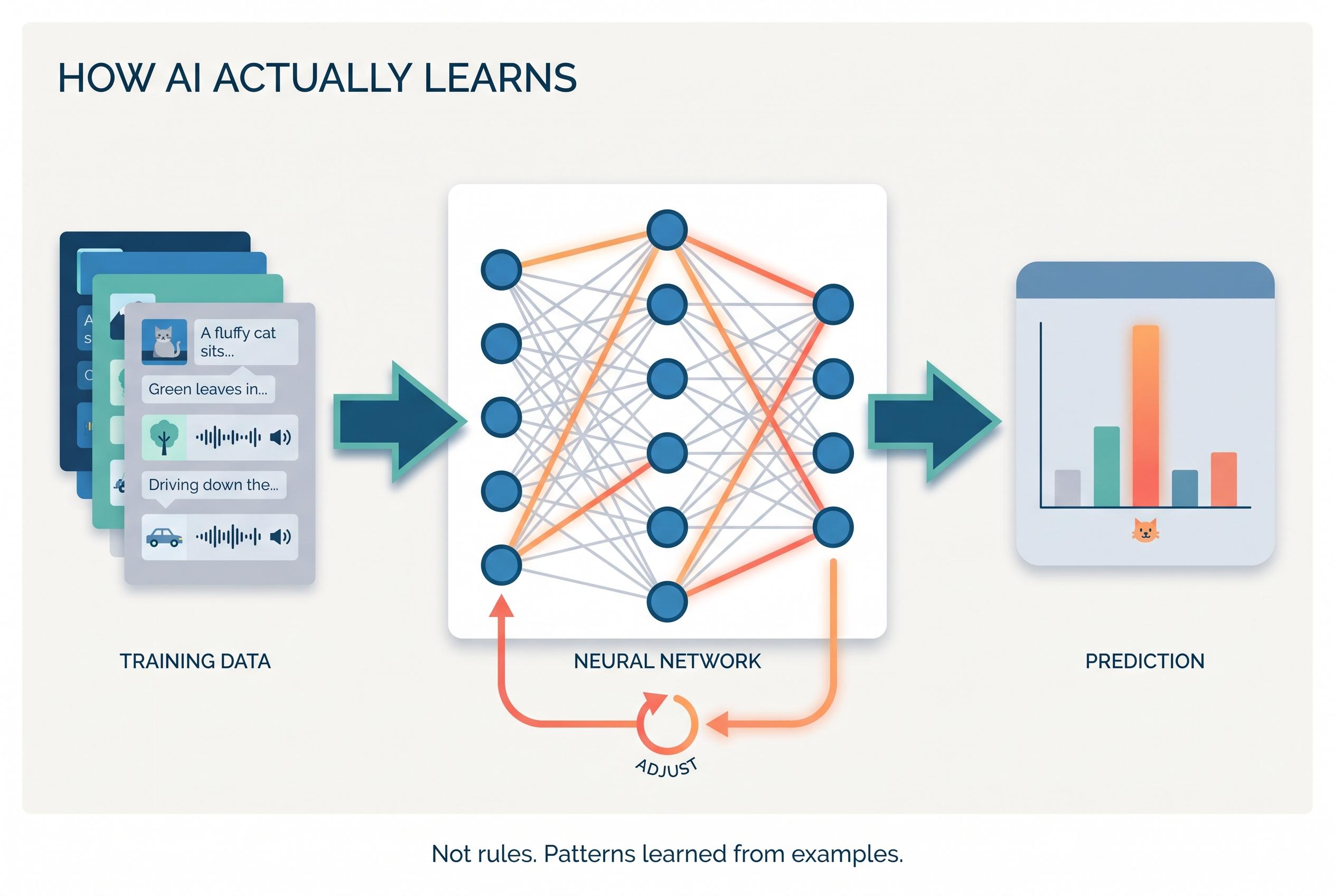 A flat-vector infographic: TRAINING DATA feeding into a NEURAL NETWORK of connected nodes, producing a PREDICTION, with an ADJUST loop running backwards under the network.