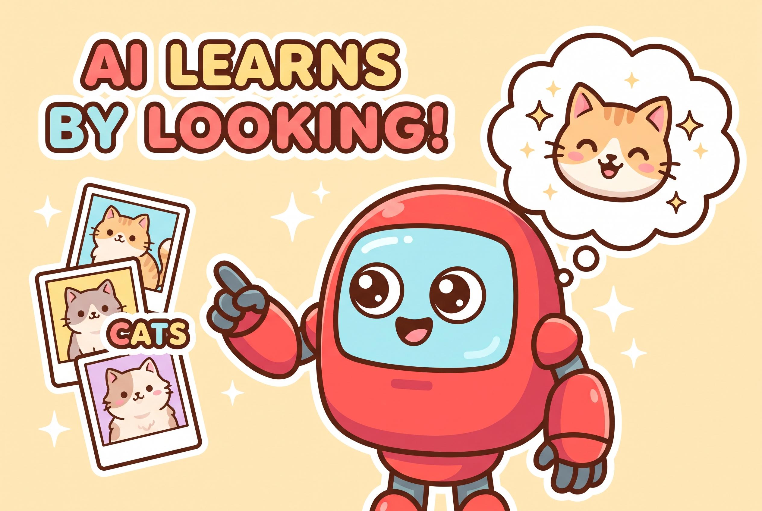 A friendly cartoon robot being shown a stack of cat photos, with a happy cat in its thought bubble.