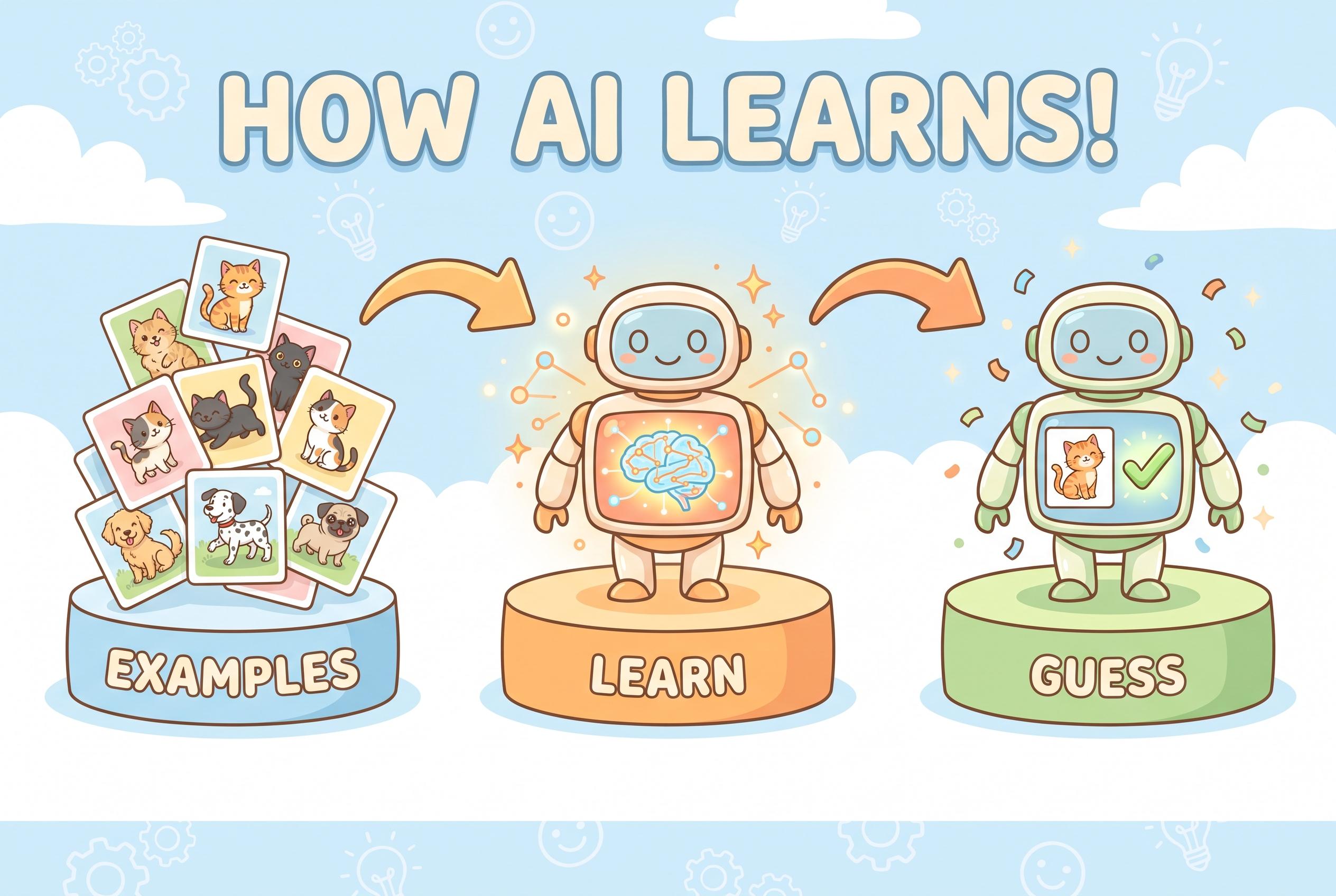 A three-stage infographic: EXAMPLES (a stack of picture cards), LEARN (a robot with a glowing brain), GUESS (the robot correctly identifying a new cat).