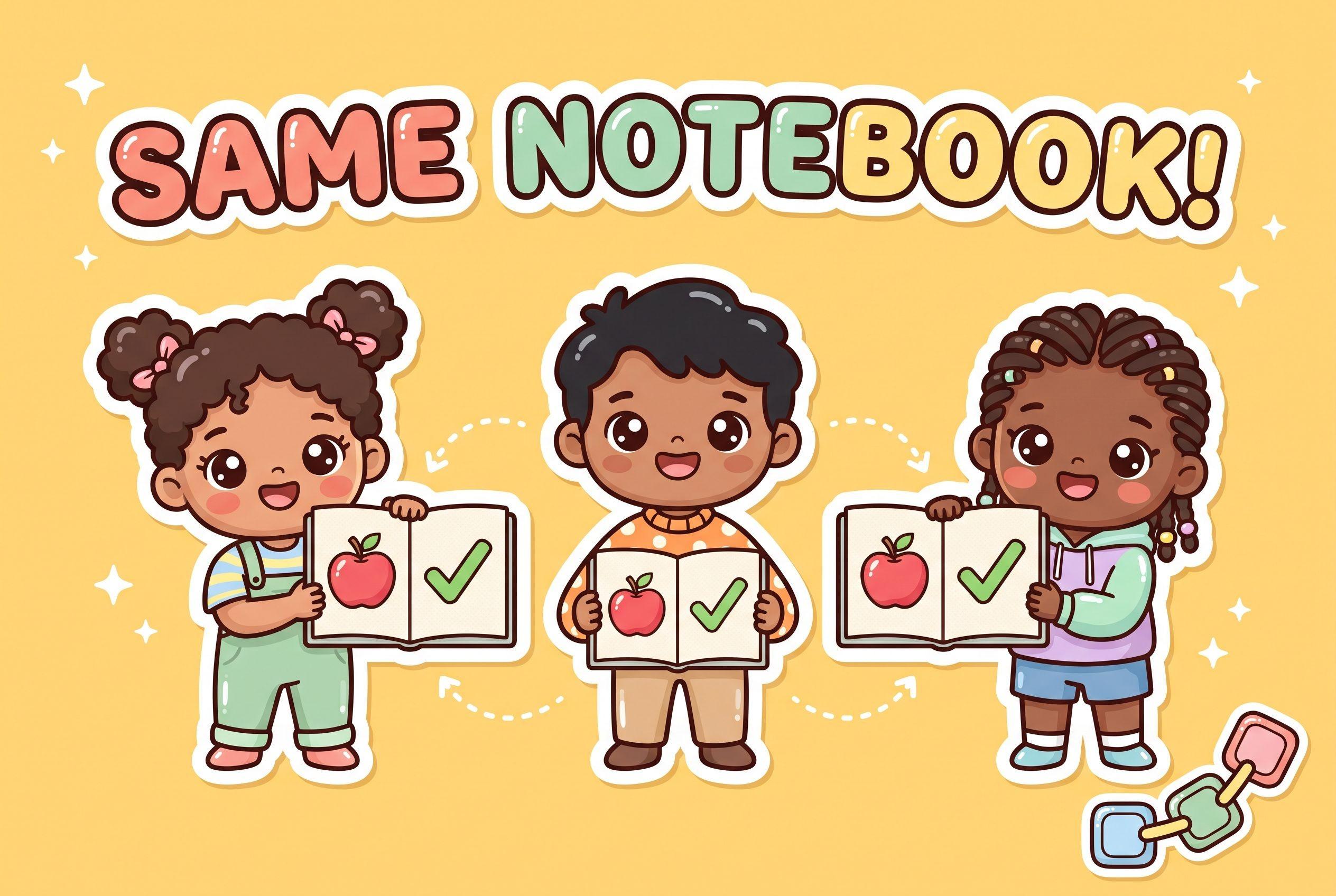 Three cheerful cartoon children holding up open notebooks, all three showing the same drawing of an apple with a green checkmark, under the words “SAME NOTEBOOK!”