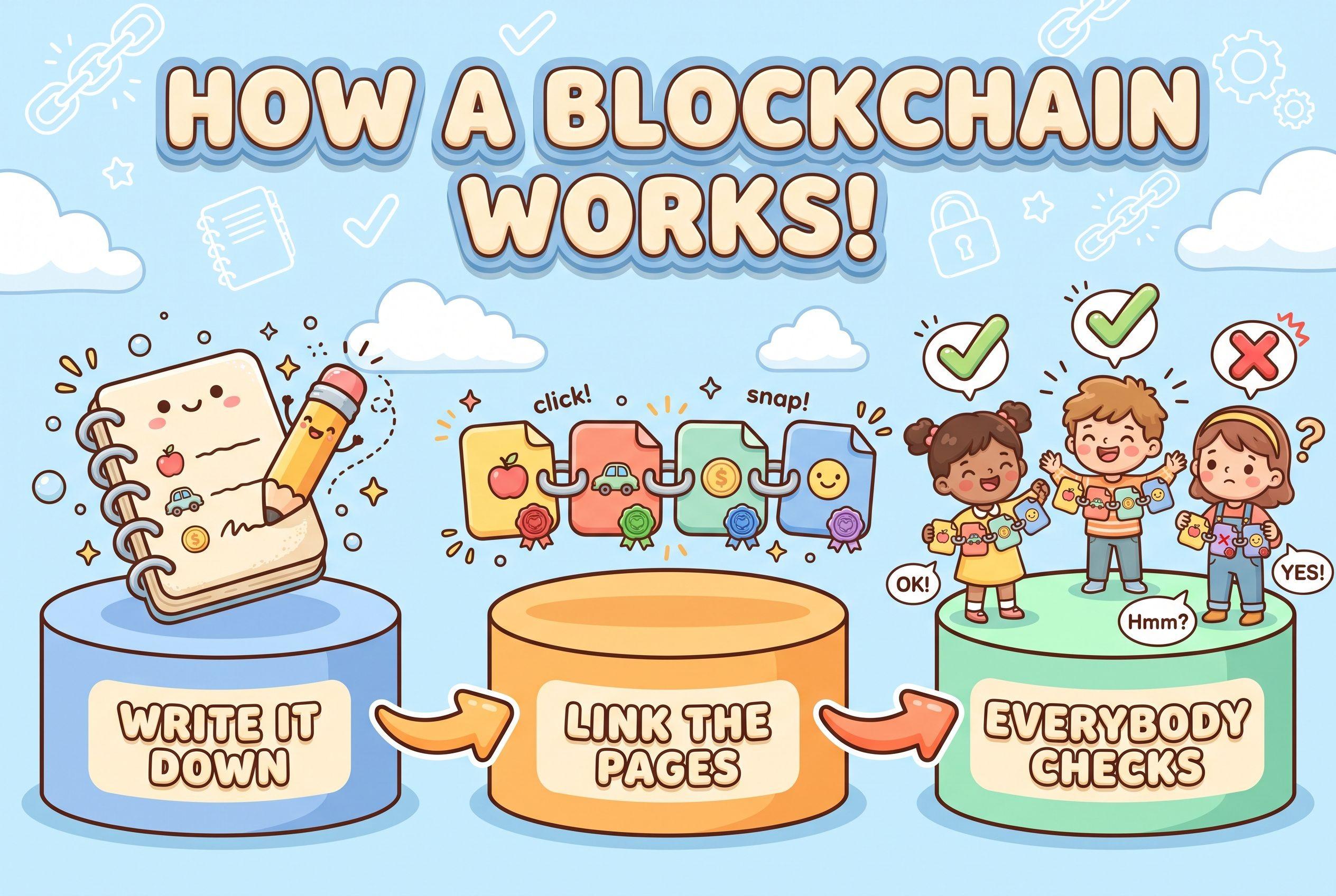 A three-stage cartoon infographic titled “How a blockchain works!”: WRITE IT DOWN (a notebook and pencil), LINK THE PAGES (four sealed cards joined by chain links), and EVERYBODY CHECKS (three children holding copies, two with green checkmarks and one with a red X).