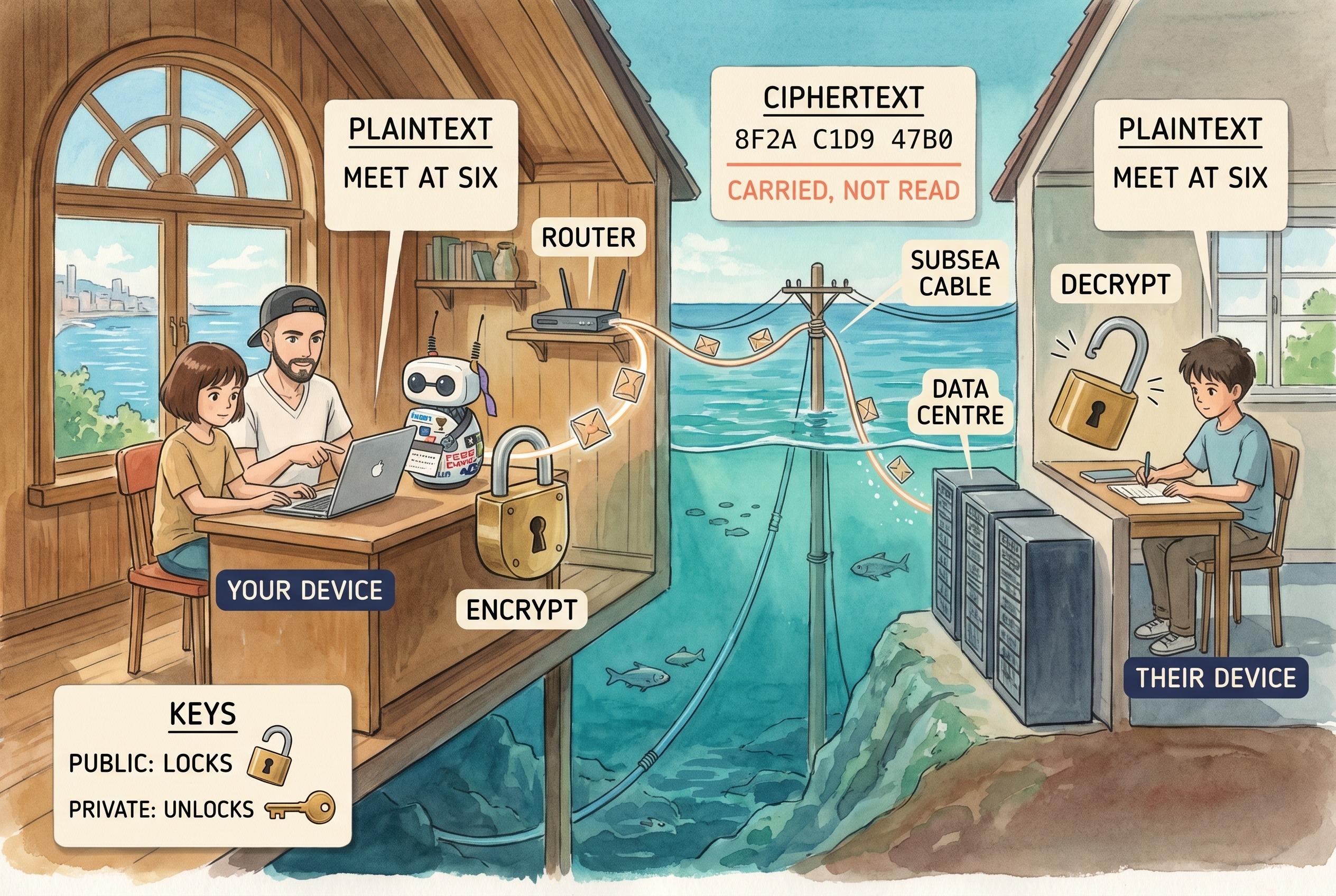 A cutaway of one message’s journey: plaintext on a laptop, a padlock closing over it, ciphertext travelling through a router, a subsea cable and a data centre, then unlocking as plaintext on the far side.