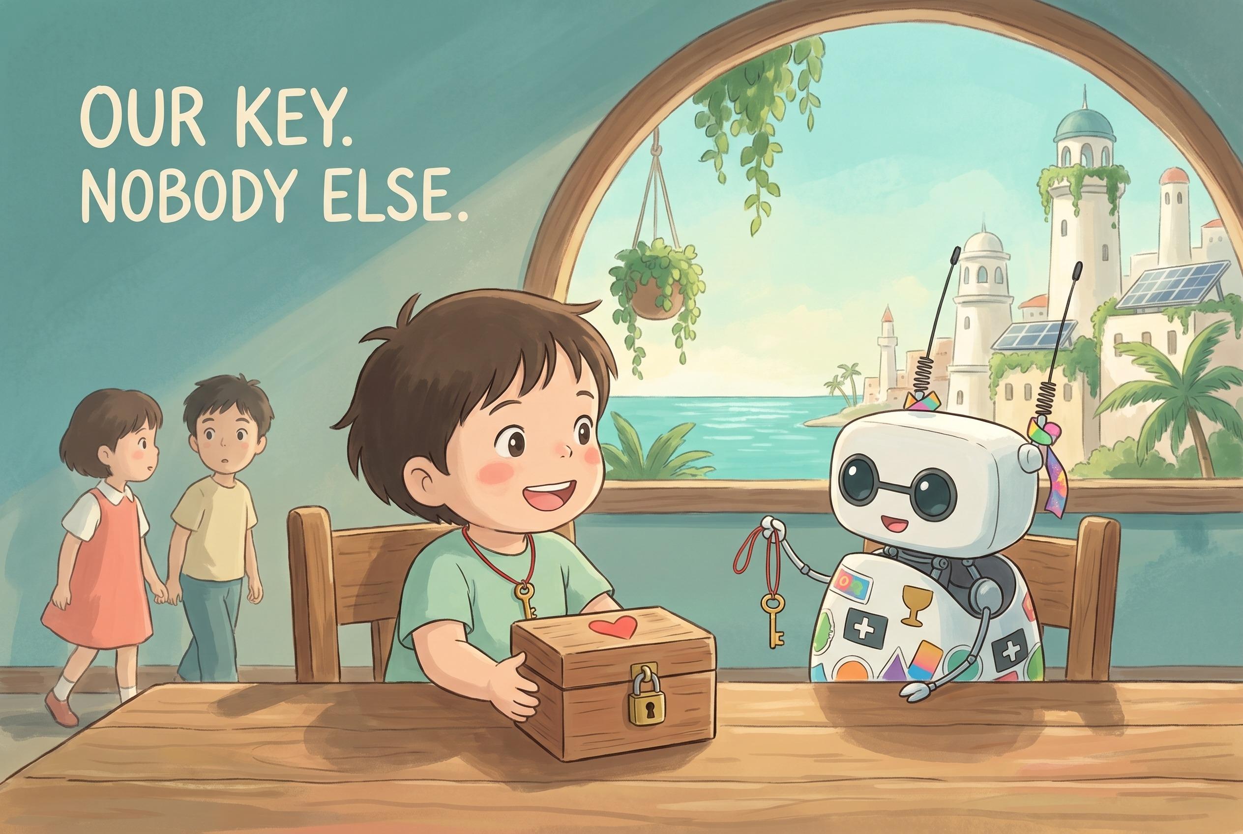 A young child at a table holding a small locked wooden box, wearing one brass key on a string, while Friendly the class robot holds the only other key.