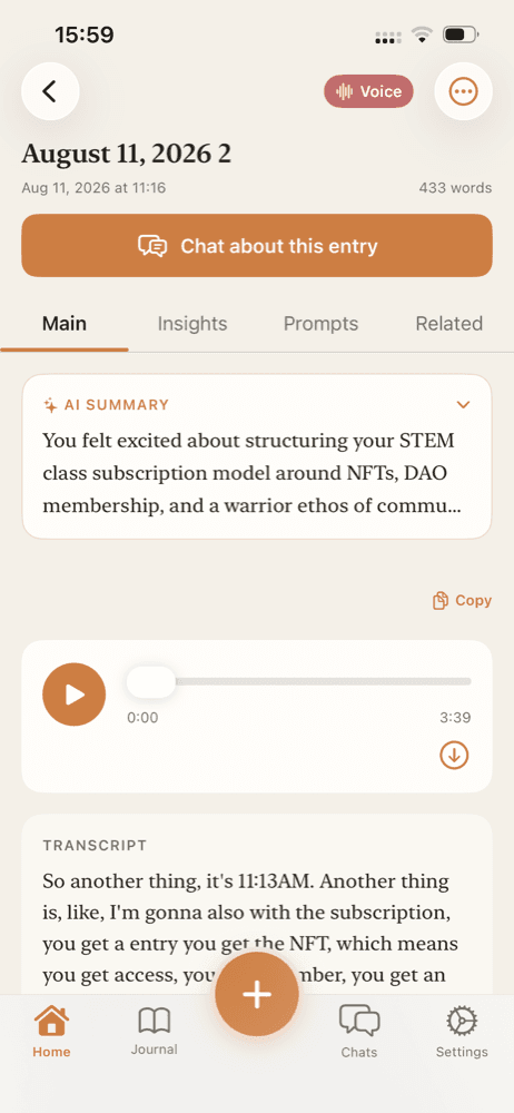 An Argo journal entry with an AI summary and a Chat about this entry button