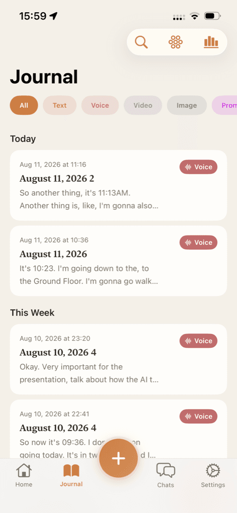 The Argo Journal list, filterable by All, Text, Voice, Video, and Image