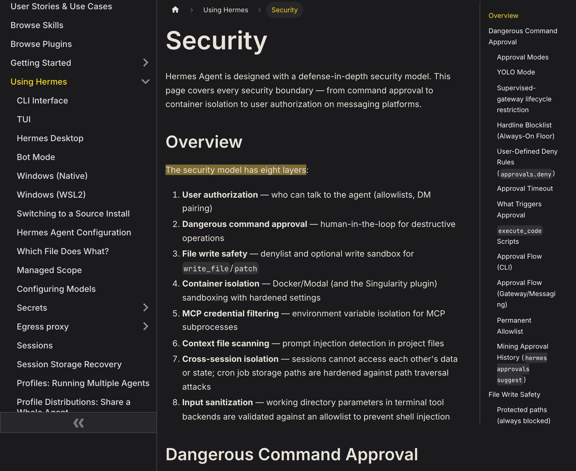 Hermes Agent's public Security documentation page, showing the eight-layer defense-in-depth overview