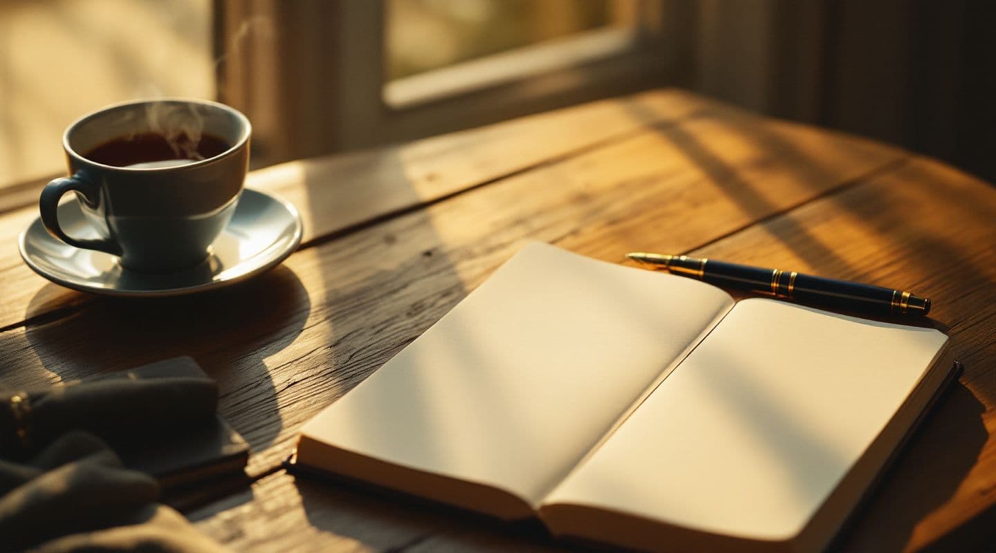 An open blank journal, a fountain pen, and a cup of tea on a wooden desk in soft morning light
