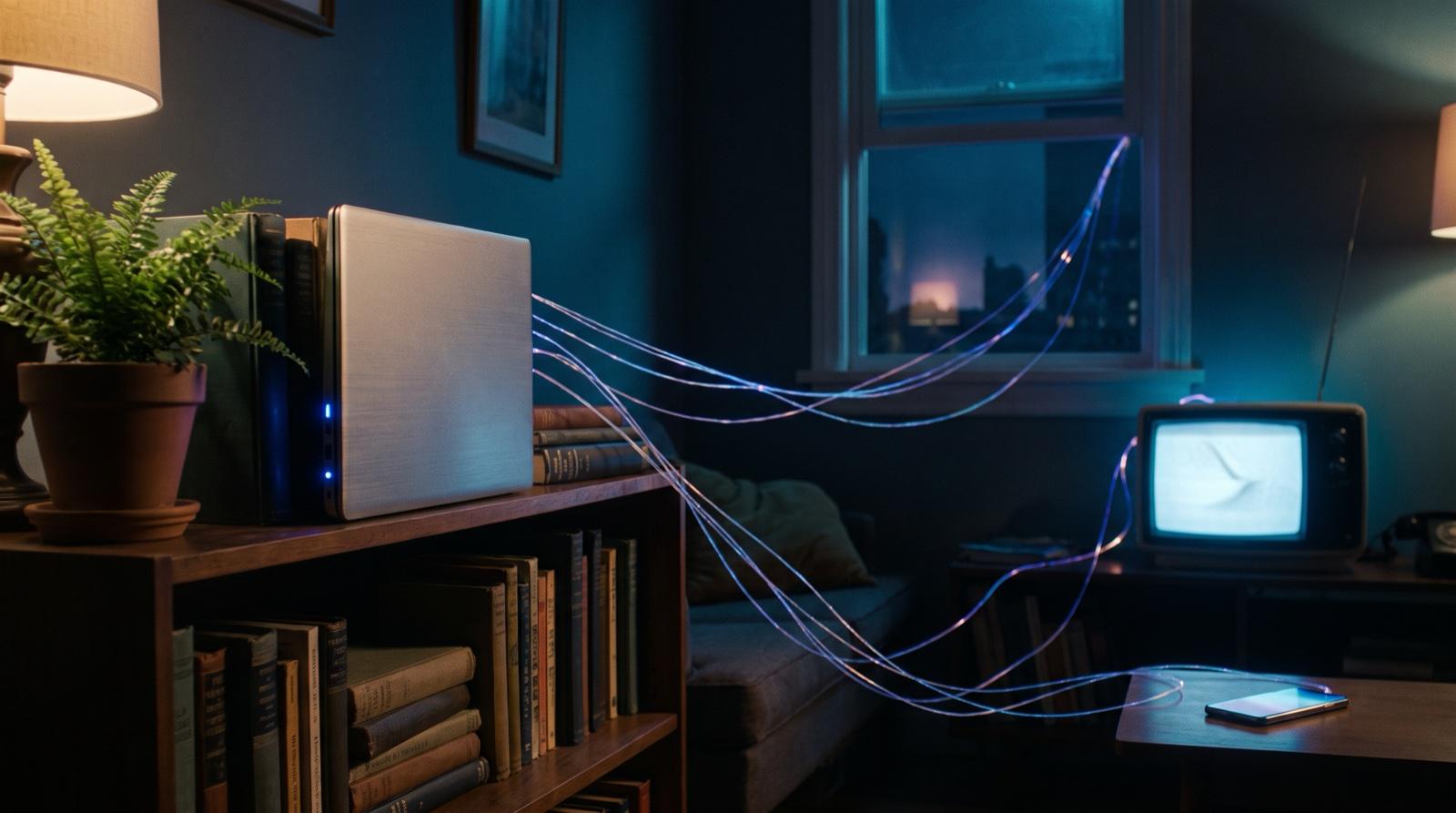 Illustration: a closed laptop on a bookshelf acting as a home server, with threads of light reaching a data center and a TV
