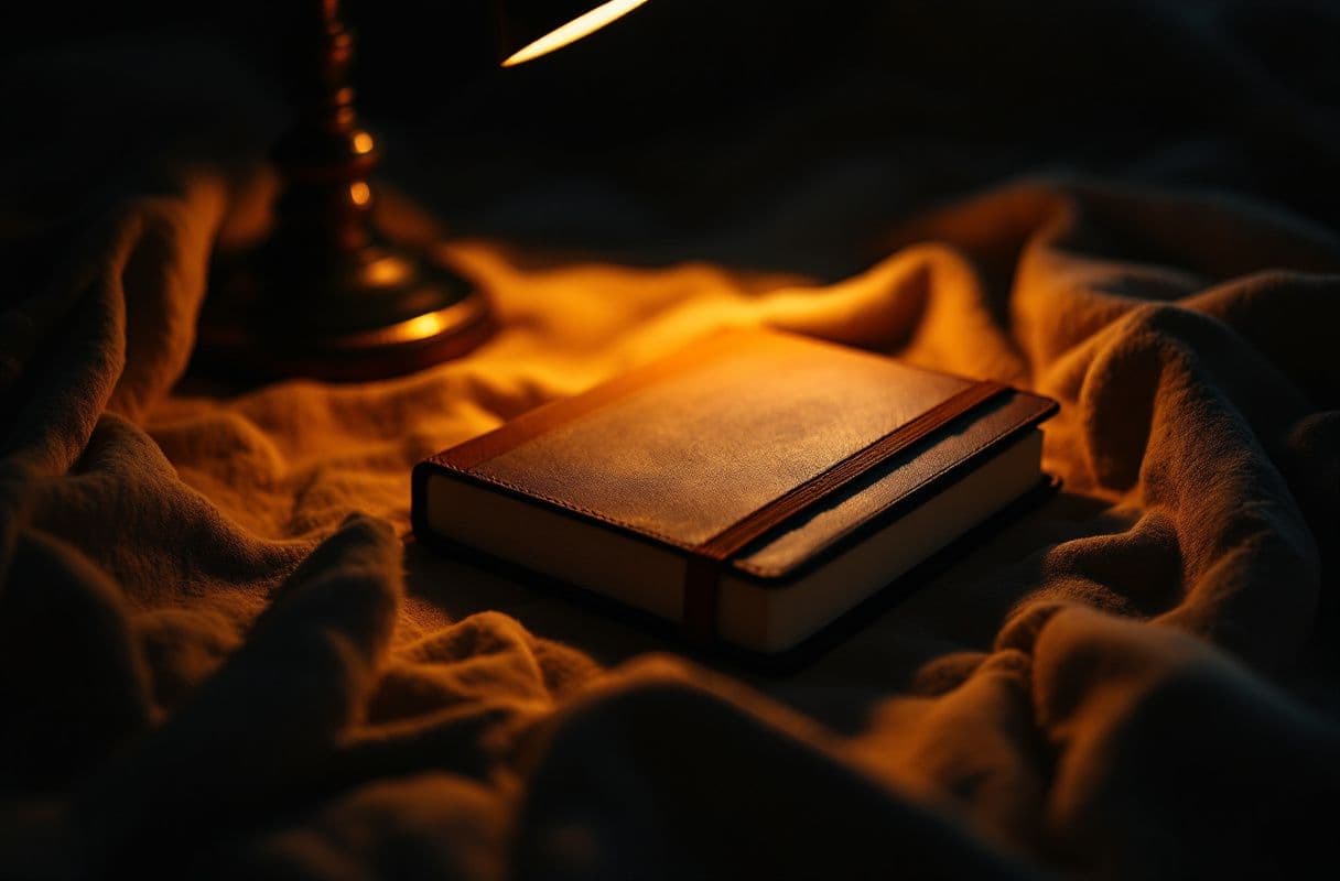A single closed journal resting in a pool of warm lamplight in a dark, quiet room