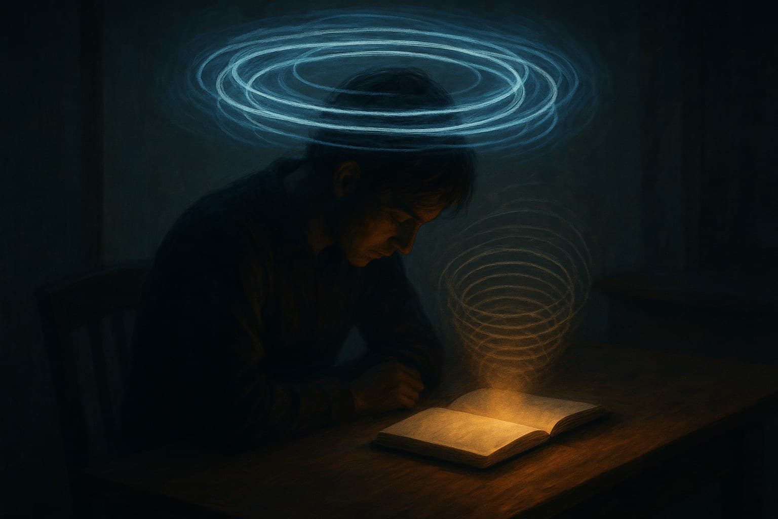 A person alone at a desk at night, a cold blue loop of light circling their head while an open journal glows warm amber in front of them