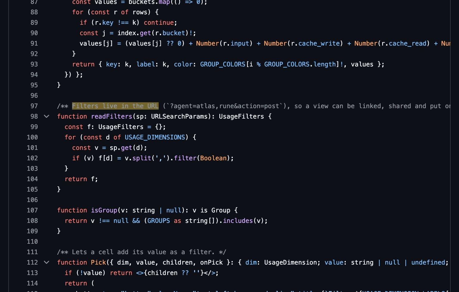 The usage page's source code on GitHub with the comment saying filters live in the URL, so a view can be linked, shared and put on the kiosk, highlighted