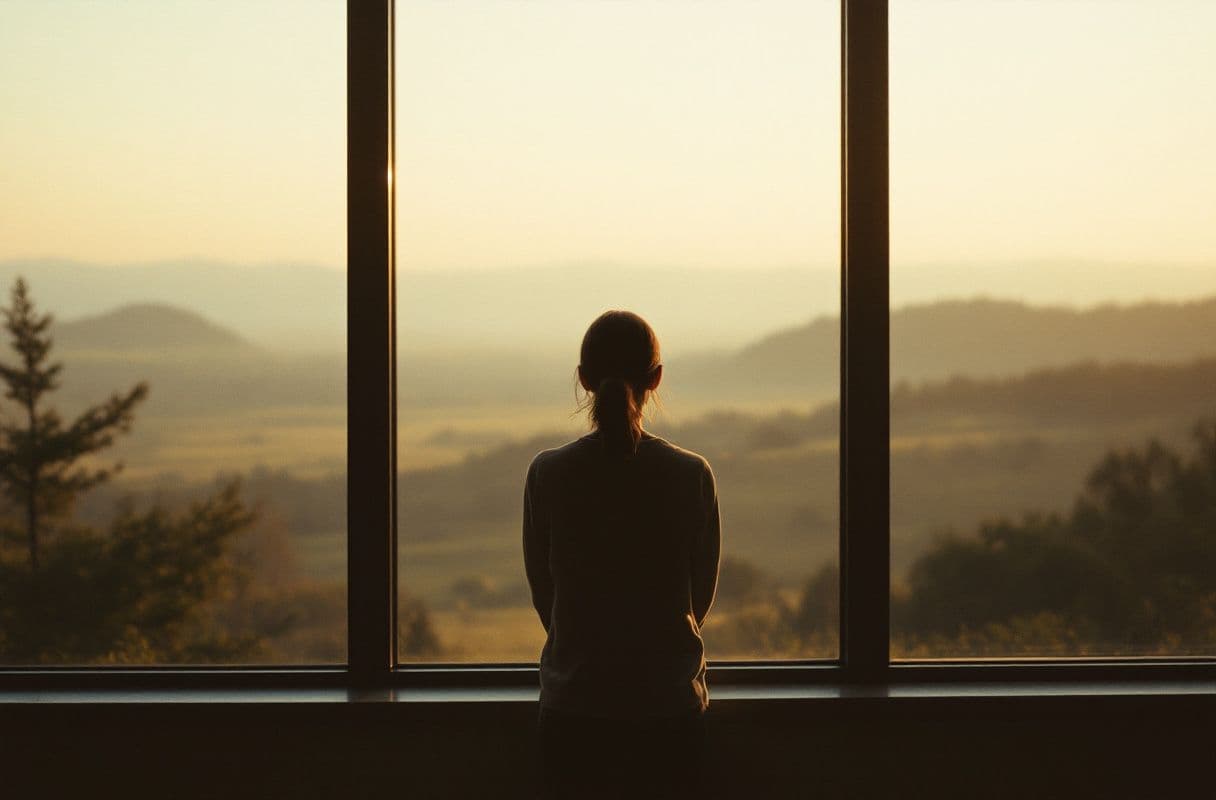 A person seen from behind at a window, looking out over a wide, calm landscape at dawn