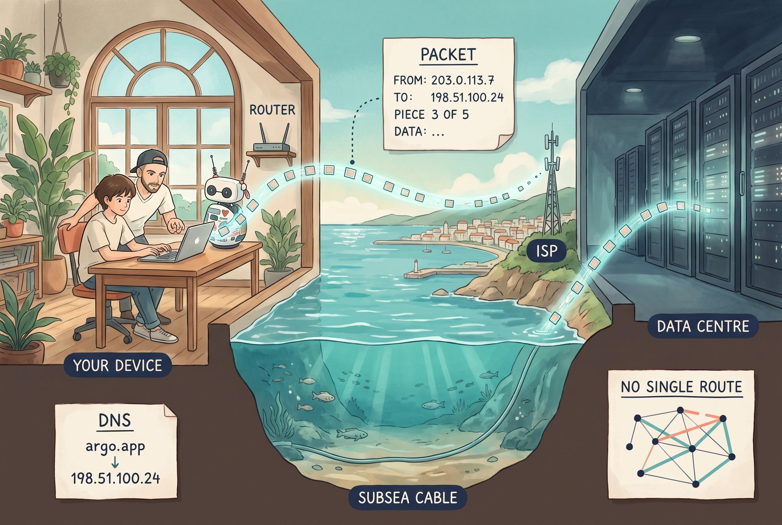 A painted anime cutaway of one message’s journey: YOUR DEVICE (a teenager and the teacher at a laptop with Friendly the robot), ROUTER, ISP, SUBSEA CABLE running along the seabed, and DATA CENTRE, with paper cards showing a PACKET’s from/to/piece fields, a DNS name-to-number lookup, and a NO SINGLE ROUTE mesh with one broken link routed around.