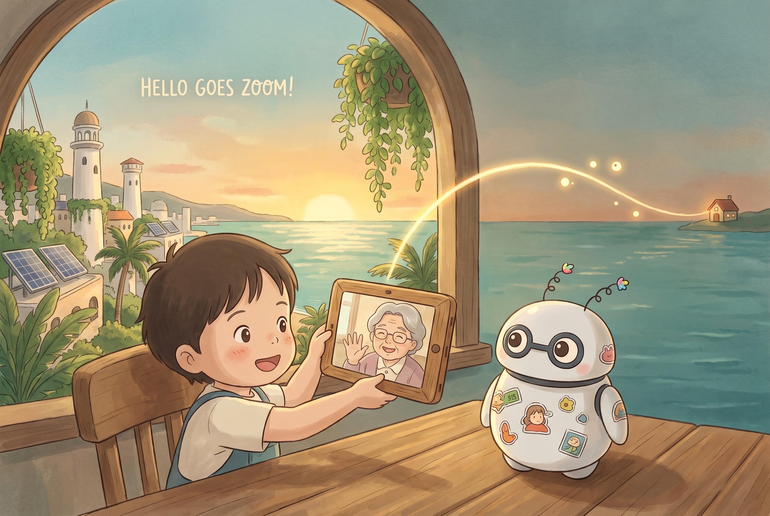 A painted anime scene: a small child at a table by an arched window holds up a tablet showing a waving grandmother, with Friendly the class robot beside them and a glowing line of light arcing out over a sunset sea toward a tiny house on the horizon.