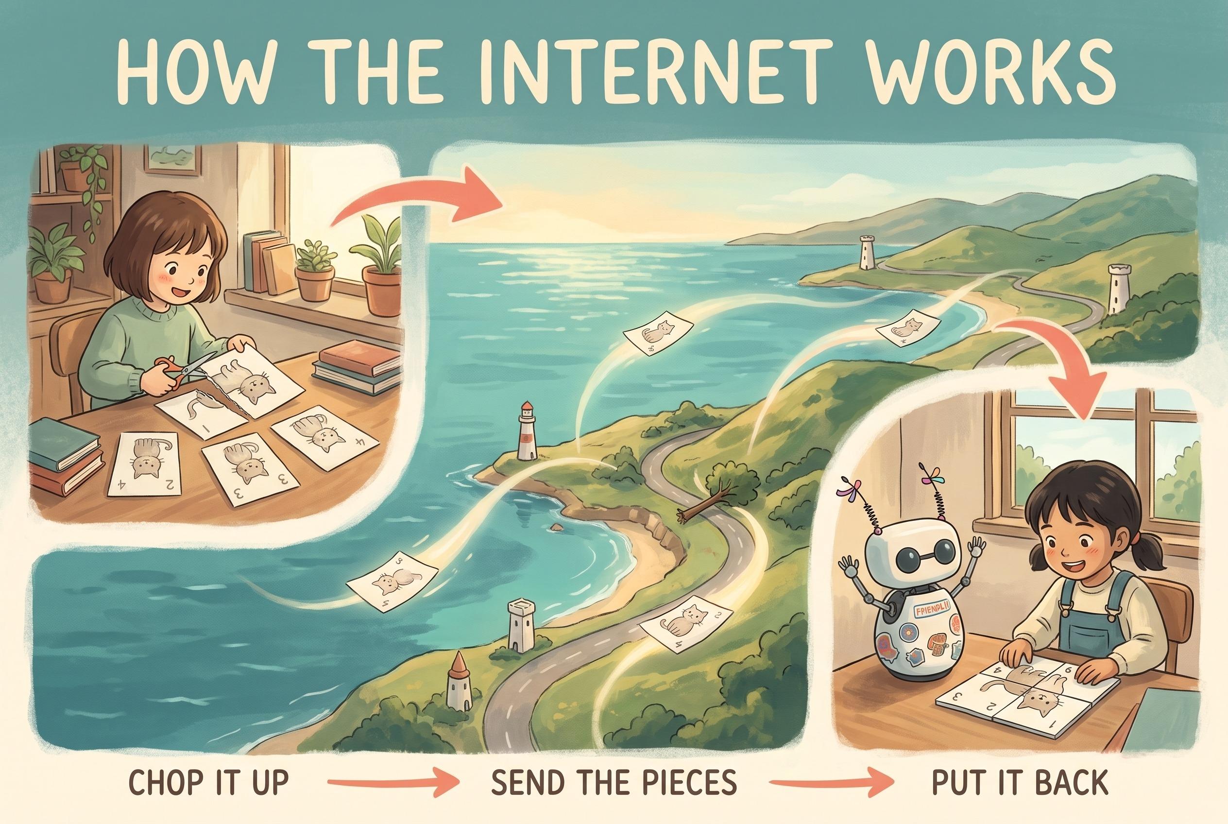 A painted anime triptych titled “How the internet works”: CHOP IT UP (a child cutting a cat drawing into four numbered pieces), SEND THE PIECES (the pieces flying along three different routes over a seaside landscape, one curving around a fallen tree), and PUT IT BACK (a second child reassembling them in order with Friendly the robot cheering).